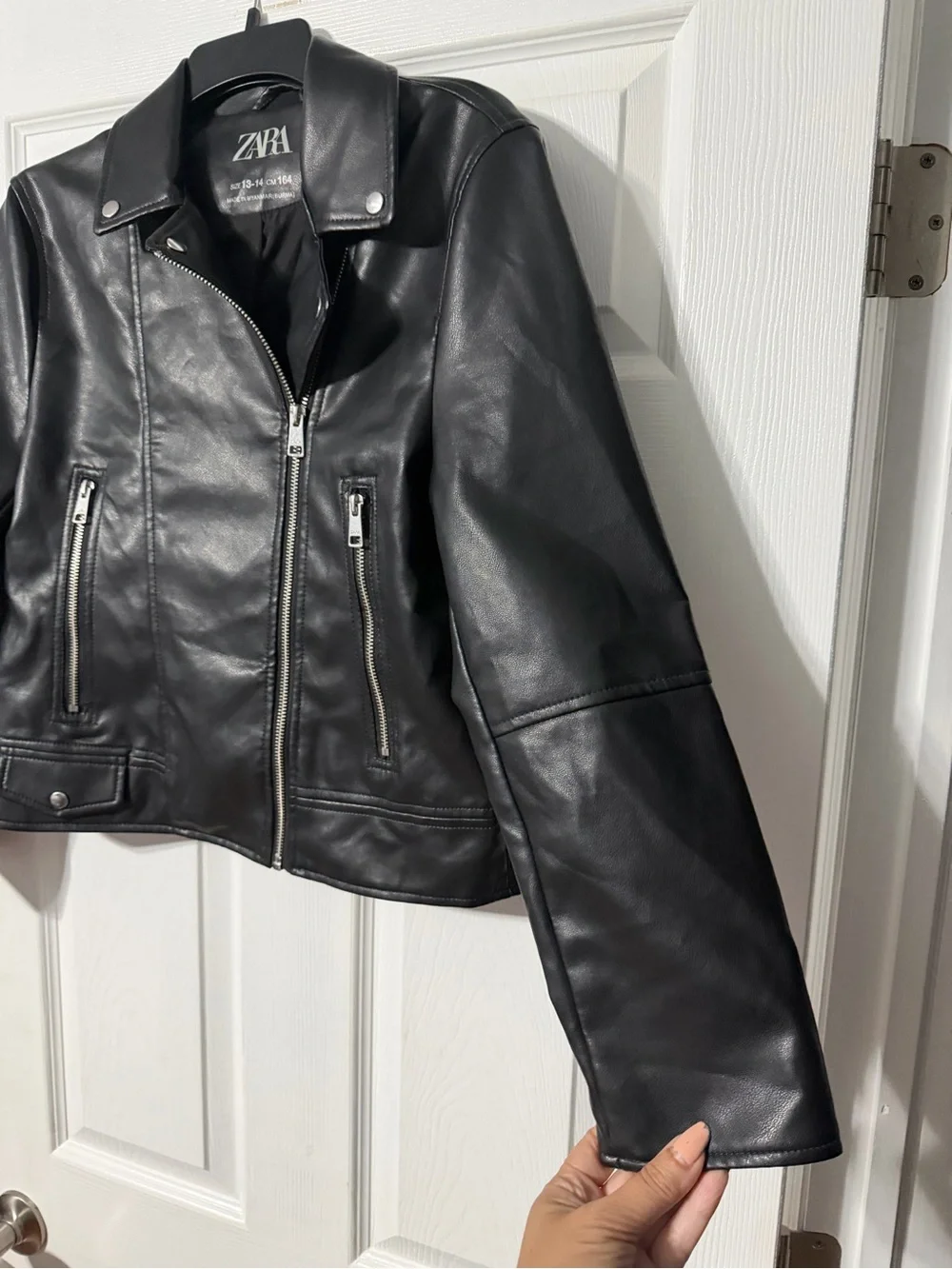 Zara Girls/Womens 13/14 Black Leather Biker Jacket with Zip Pockets